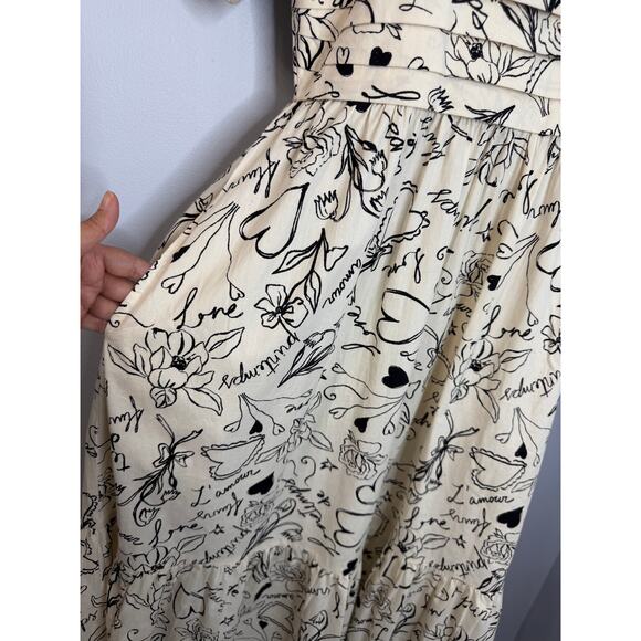 Japna Square Neck Puff Sleeve Midi Dress Black Cream Floral Women's M - Picture 4 of 15